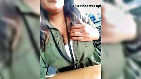 Indian GF teasing large boobs in green shirt at restaurant
