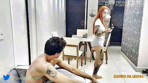 Tattooed redhead in white shorts teases shirtless man before sister-in-law sex
