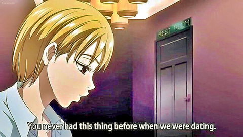 Anime blonde guy sadly stares at restroom door with melancholic expression