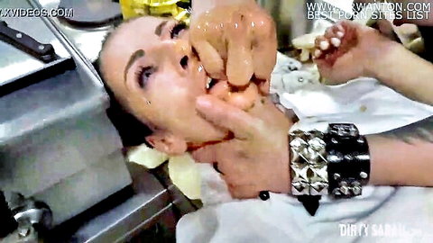 Dirty Sarah gagging on big sausage, messy food play oral in white uniform