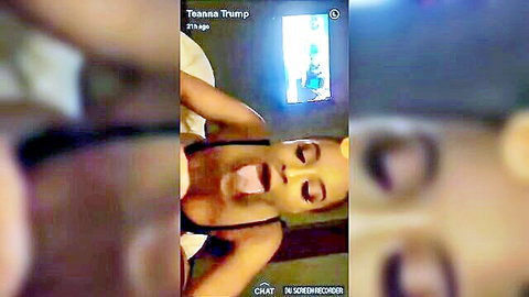 Young ebony Teanna Trump sticks tongue out teasing blowjob with small tits cleavage