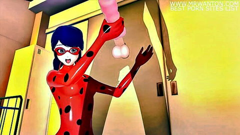 3D hentai Ladybug in red suit holding big pink dildo excitedly