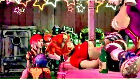 Vibrant hentai orgy with colorful-haired women in sexy outfits and stockings