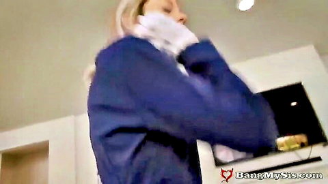 Blonde stepsis in blue hoodie and white gloves on phone before taboo fuck