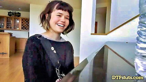 Yhivi smiling in black sweater, teasing before rough sex with James Deen