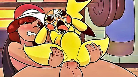 Shocked redhead Pokémon trainer with big tits fucked by Pikachu's cock in gym