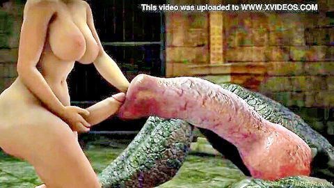 Nude FemCapraDemon with big tits stroking massive futanari cock in fantasy scene
