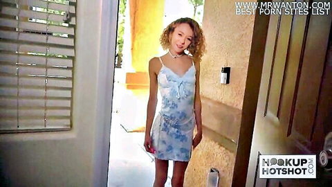 Allie Addison skinny blonde teen in short floral dress at doorway hookup