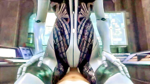 Gemma More as blue alien android in explicit SFM spread-legs pose showing cybernetic crotch