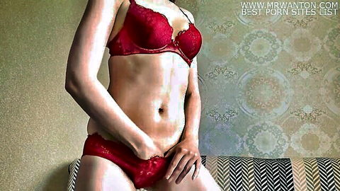 Slim Asian stepmom in red lace lingerie posing for JOI
