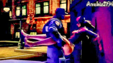 Black cop carries masked woman in tight black suit over shoulder SFM