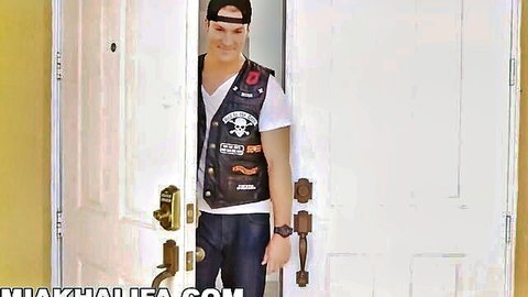 Mia Khalifa Julianna Vega BTS outtakes with muscular biker guy in doorway