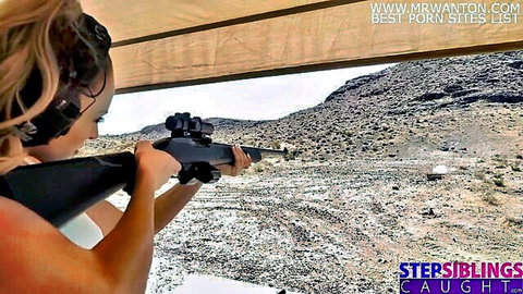 Blonde step sis shoots rifle in desert to win vote, sexy outdoor tease