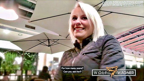 Lucy Shine blonde smiling outdoors in Wolf Wagner threesome tease