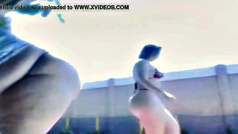Two curvy Latinas in thongs flaunt big asses outdoors