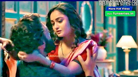 Steamy Indian couple embrace in Aashram web series hot saree scene