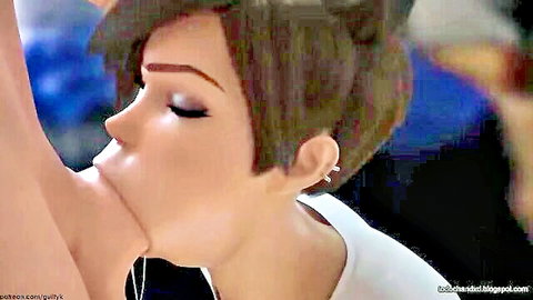 Tracer kissing woman's neck in Overwatch animated lesbian scene