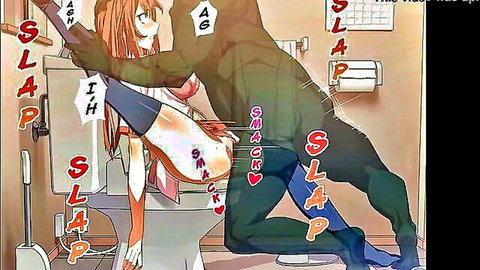 Hentai orc fucking orange-haired anime slut bent over toilet with pussy penetration and ass slaps