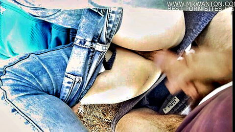 Amateur couple outdoor with woman's hairy pussy exposed in ripped jeans close-up