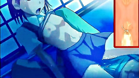 Ahegao anime schoolgirl topless with small tits exposed and glowing dildo fucking her wet pussy