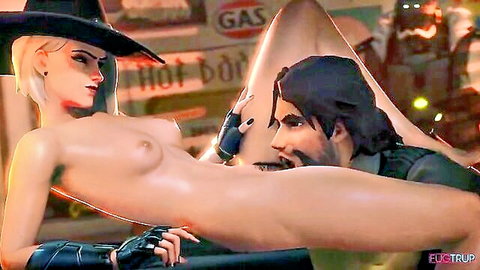 Ashe from Overwatch nude, legs spread for oral sex in steamy scene