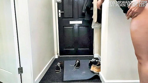 Naked wife bends over in hallway for delivery guy creampie while husband watches