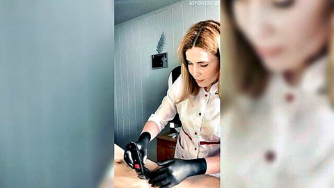 Blonde nurse in white uniform performs intense handjob procedure on client