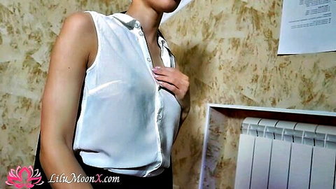 Lilu Moon as office secretary in white blouse and black skirt, hand on chest after long day