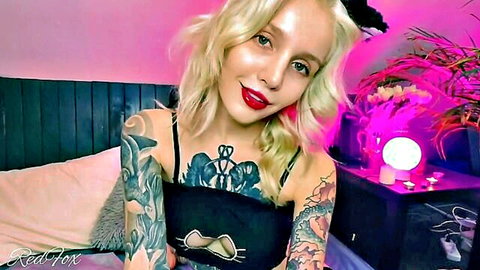 Blonde tattooed teen Red Fox in cat ears top, amateur blowjob tease