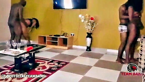 Ebony amateur gangbang with multiple black partners in street pickup