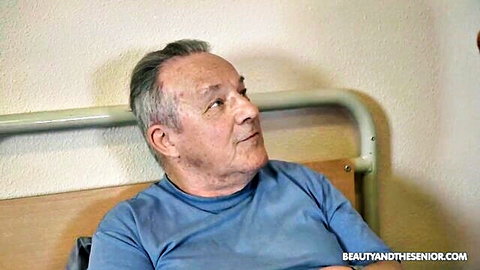 Elderly grandpa in bed awaits nurse Nana Garnet in 'Time for your pill, Grandpa!'