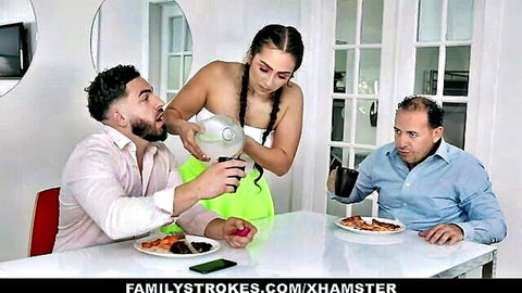 Latina stepsis pranked with vibrator at family dinner, Family Strokes