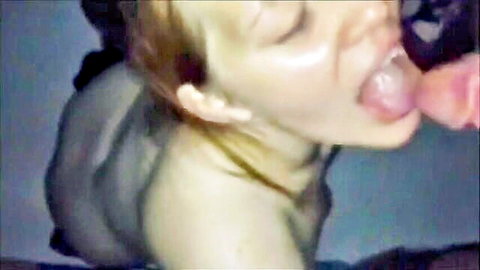 Overweight blonde slurping cum in intense close-up oral scene