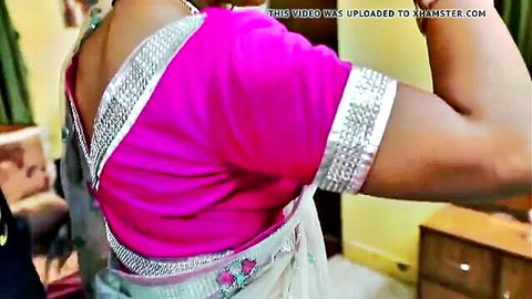 Hyderabadi sexy aunty in pink saree blouse, back view tease