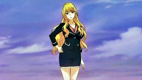 Blonde anime schoolgirl in tight uniform showing massive tits cleavage outdoors