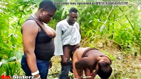 Ebony woman bends over big ass outdoors as black man stands behind ready to fuck