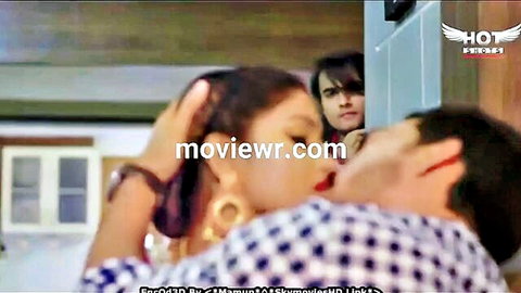 Desi woman in hot threesome kiss with two men embrace