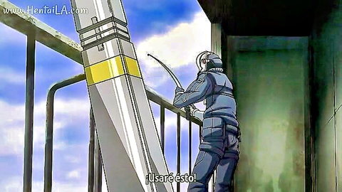 Anime policewoman grabbing massive dildo on balcony in hentai scene