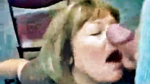 Blonde cougar rubs thick cock head on her nose and open mouth during sloppy facial blowjob