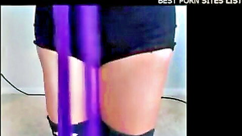 Babe's thick thighs and ass in tiny black shorts with purple leg straps teasing