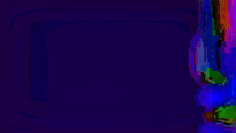 Glitchy purple hentai screen with colorful pixelated streaks on dark background