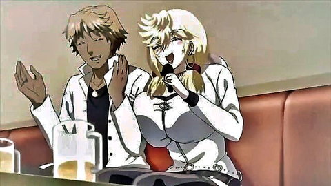 Anime blonde housewife in tight lab coat holds microphone suggestively with smiling partner