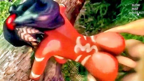 Nidalee cosplay: Red-skinned jungle queen bent over, big ass exposed in wild sex scene