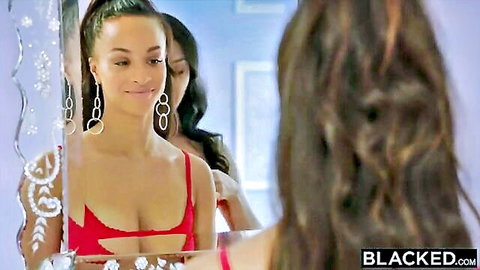 Teanna Trump and Vicki Chase in red lingerie posing in mirror