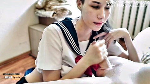 Tall Asian schoolgirl MikeGSparda plays with cock in uniform after school BJ