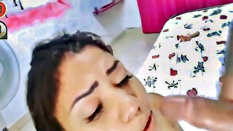 Brunette woman deepthroating during intense face fuck with cum
