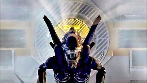 Terrifying xenomorph alien monster roaring with inner jaws and claws extended in sci-fi spaceship corridor