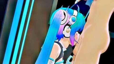 3D CGI teal-haired anime girl with headphones fucked doggystyle by huge erect cock