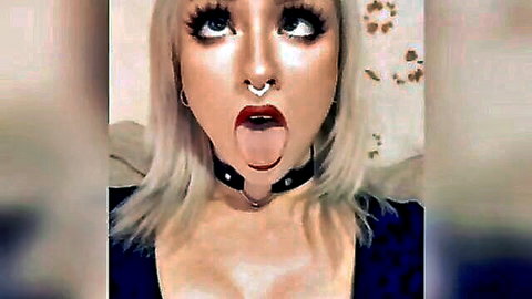 Blonde with ahegao face, tongue out, choker necklace, deep cleavage