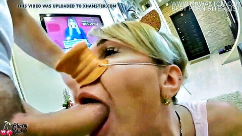 Blonde woman in pig nose deepthroating big dick in intense POV oral